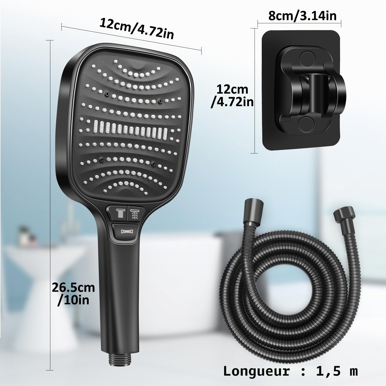 HNOOM Kit Douche Haute Pression, Pommeau de Douche Anti-Calcaire 120mm 8 Modes + Tuyau 1.5m Inox + Support Sans Perçage, Douchette Économie d'Eau, Compatible Salle de Bain(Noir)