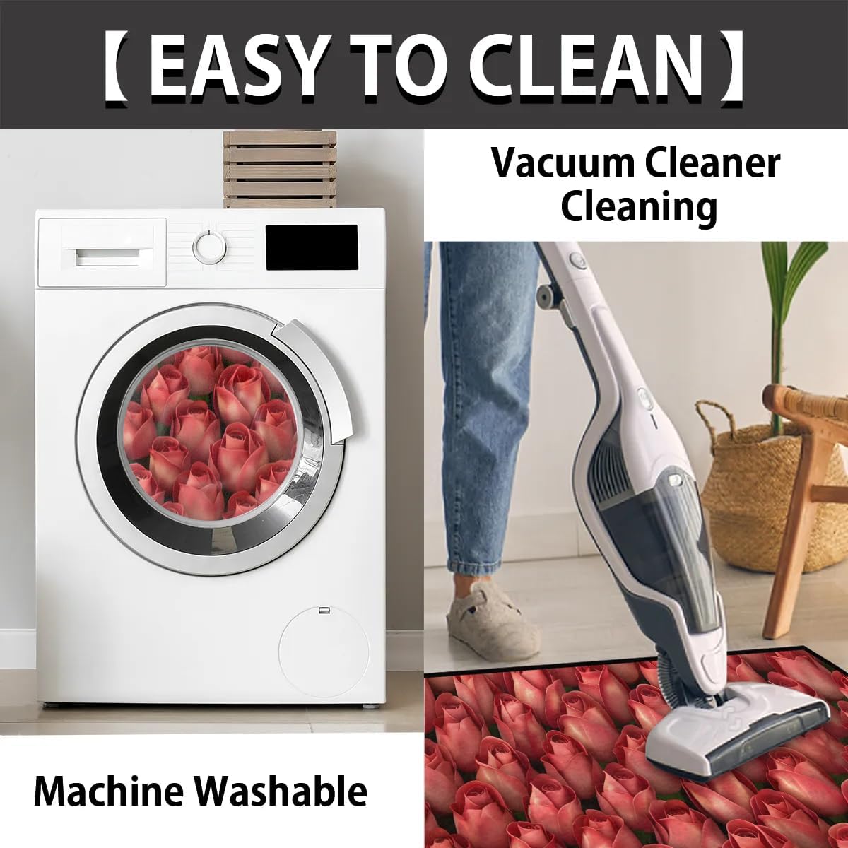 Half Round Door Mat Rose Flower Floral Valentine's Day Non-Slip Semi Circle Area Rug Washable Half Moon Hearth Rugs for Indoor Outdoor Bathroom Kitchen Patio Runner Mat Laundry Room Home Decoration