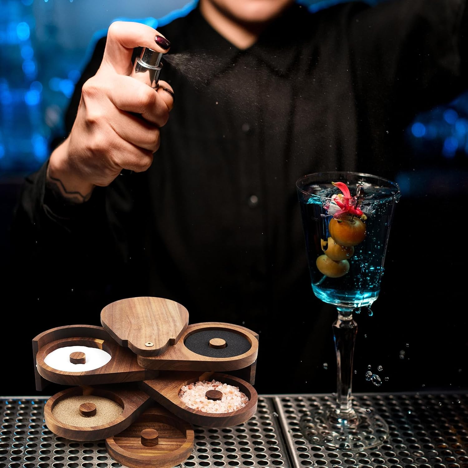 Mifoci Acacia 5 Tier Margarita Salt Rimmer Set Salt and Sugar Glass Rimmer Set with Lid and 5 Sponges Home Bar Accessories for Cocktails Drinks House Party Bartender Supplies