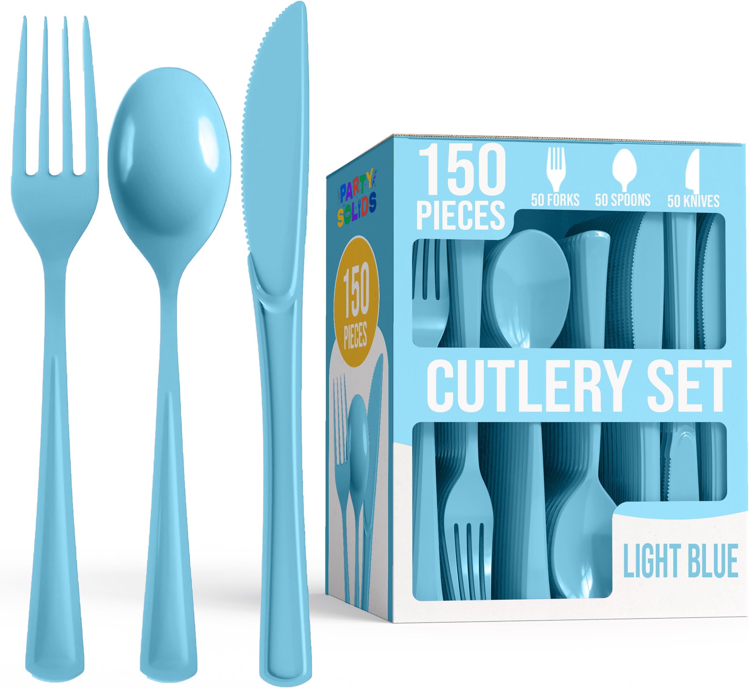 Party Solids Light Blue Plastic Silverware Heavy Duty 150 Pieces Light Blue Disposable Silverware Heavy Duty, Utensil Sets, 50 Of Each Forks, Knives & Spoons Disposable Cutlery Set For Party Supplies