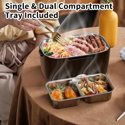 Miniatura 3 de Lonchera eléctrica con calefacción para adultos con 2 contenedores de 1.5 L, portátil de 100 W, 3 en 1, lonchera térmica rápida para hombres,