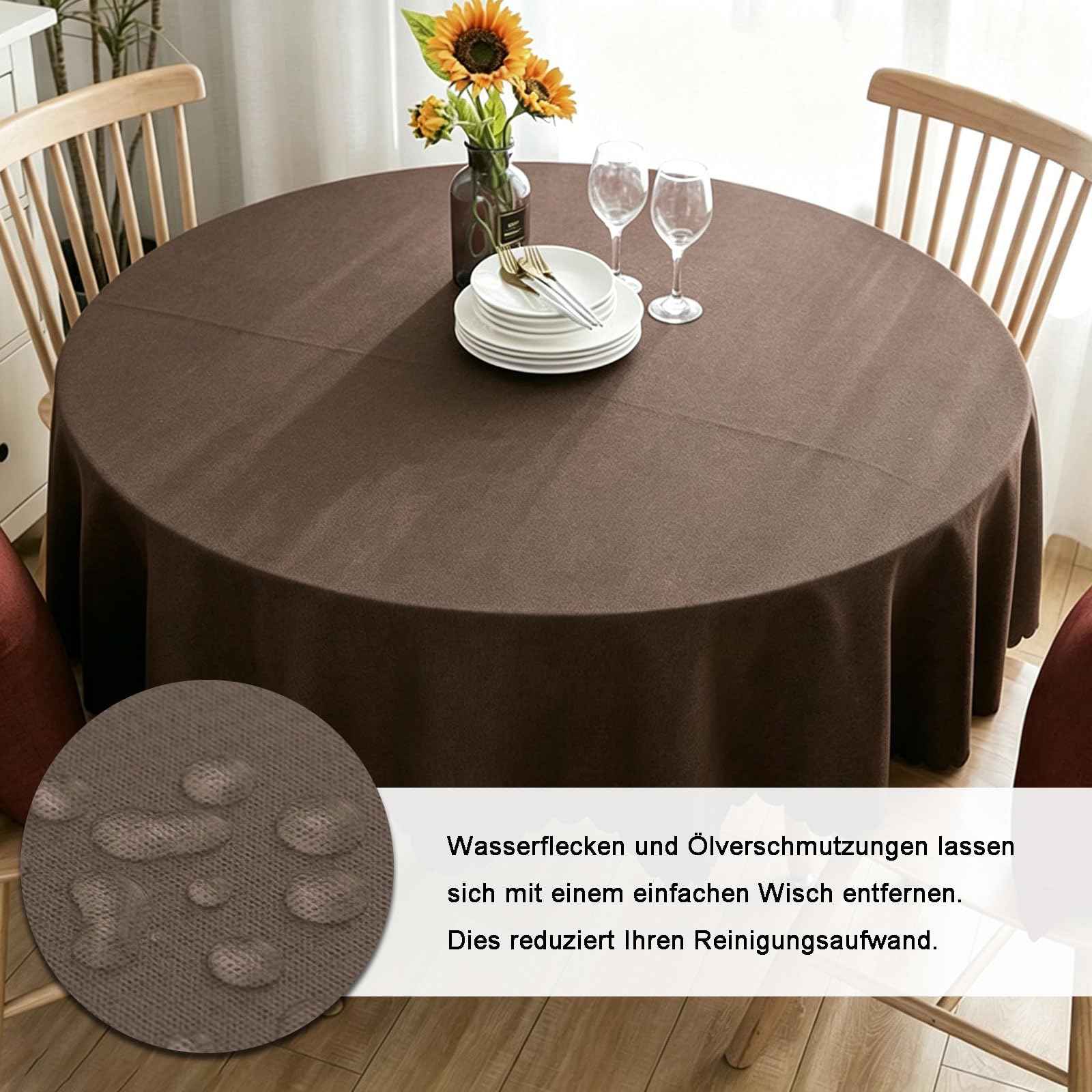 PEEXTBB Tischdecke Rund, 120 cm Durchmesser Kleine Wachstuchtischdecke Rund, Garten Tischdecke, Runde Tischdecke Outdoor, Wachstuch Tablecloth, für Garten, Esszimmer, Feiern(Dunkles Braun) Küche, Haushalt & Wohnen