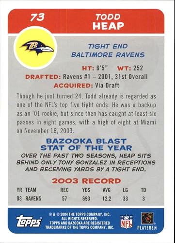 Miniatura 2 de 2004 Bazooka #73 Todd Heap NFL Football Trading Card