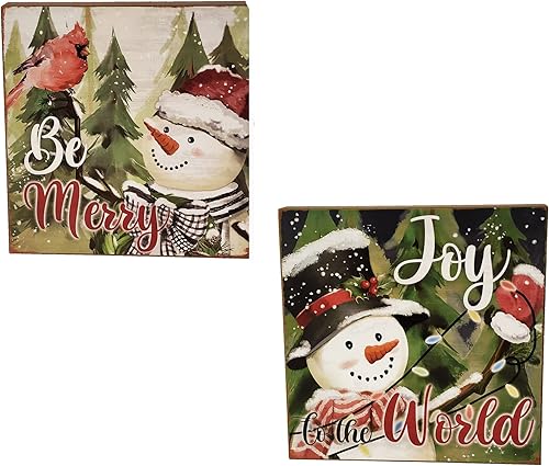Miniatura 3 de Letreros de Navidad juego de 2 placas de madera de muñeco de nieve Joy to the World and Be Merry Decor 8 x 8 pulgadas para el hogar estante de mesa