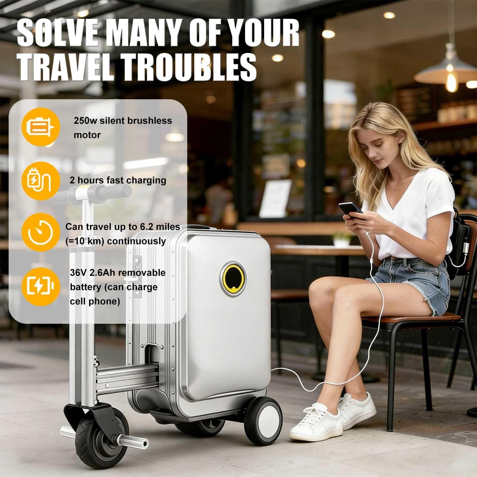 Valigia Elettrica Cavalcabile,Monopattino Elettrico Per Adulti Da 20 Pollici,Con Un'autonomia Di 8-9 Km,Dotata Di Batteria Rimovibile Da 93,6 Wh E Con Una Capacità Di Carico Di 130 Kg silver
