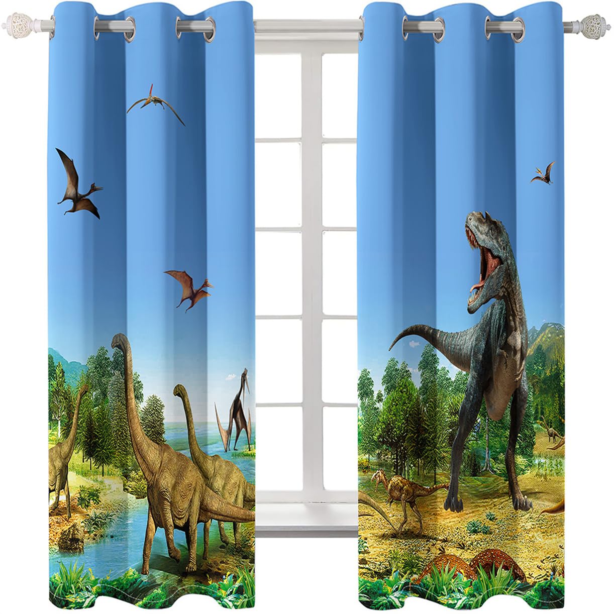 Tende Oscuranti A Pannello Con Dinosauri Cartoon, 2 Pannelli 107x160 Cm, Blu, Per Cameretta Bambini, Con Occhielli, Termiche E Isolanti - 6