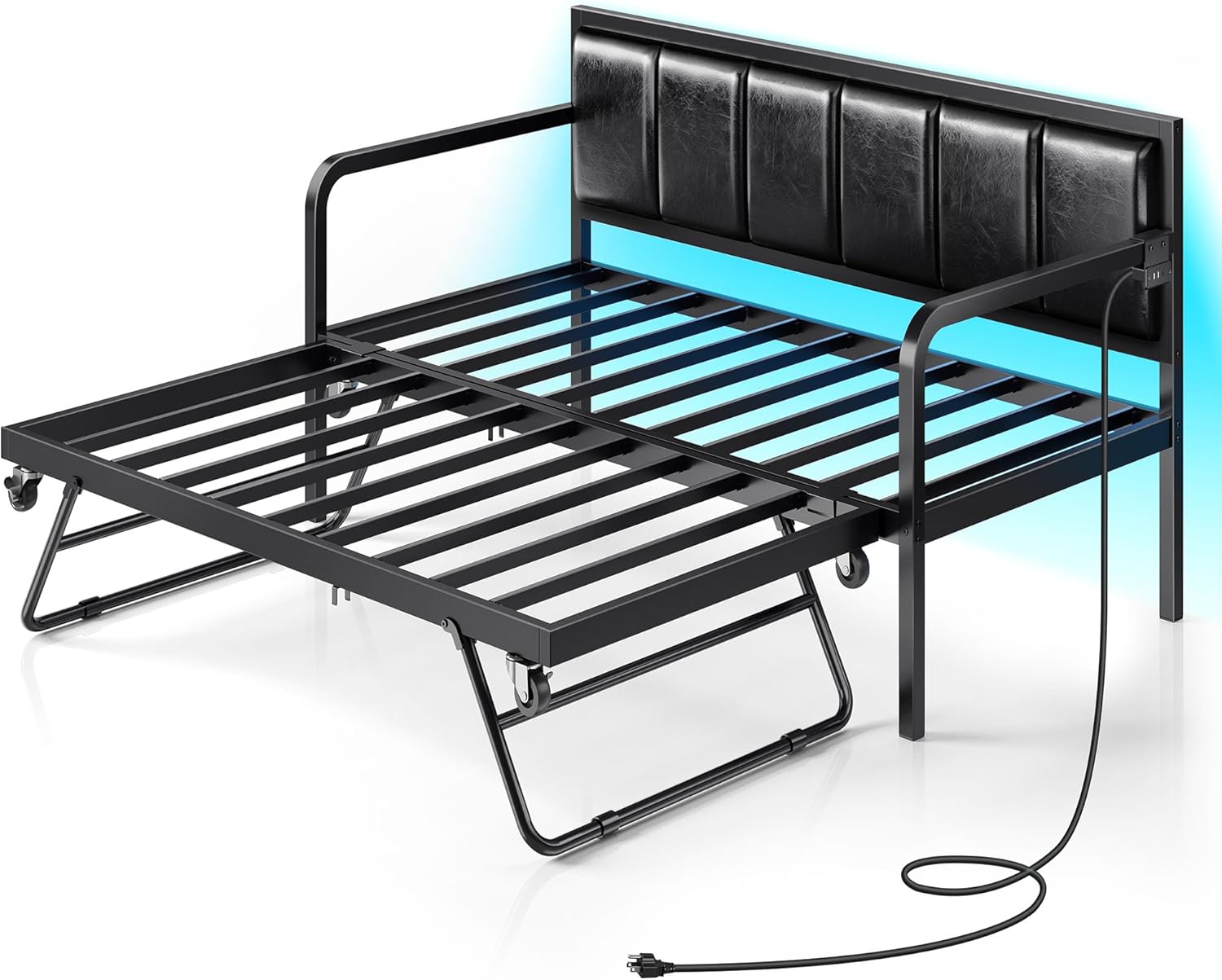 Rolanstar Daybed with USB Charging Station and LED, Height Adjustable Twin Daybed with Trundle, Black Upholstered Bed Frame with Steel Slat Support for Living Room, Bedroom and Guest Room Black Modern