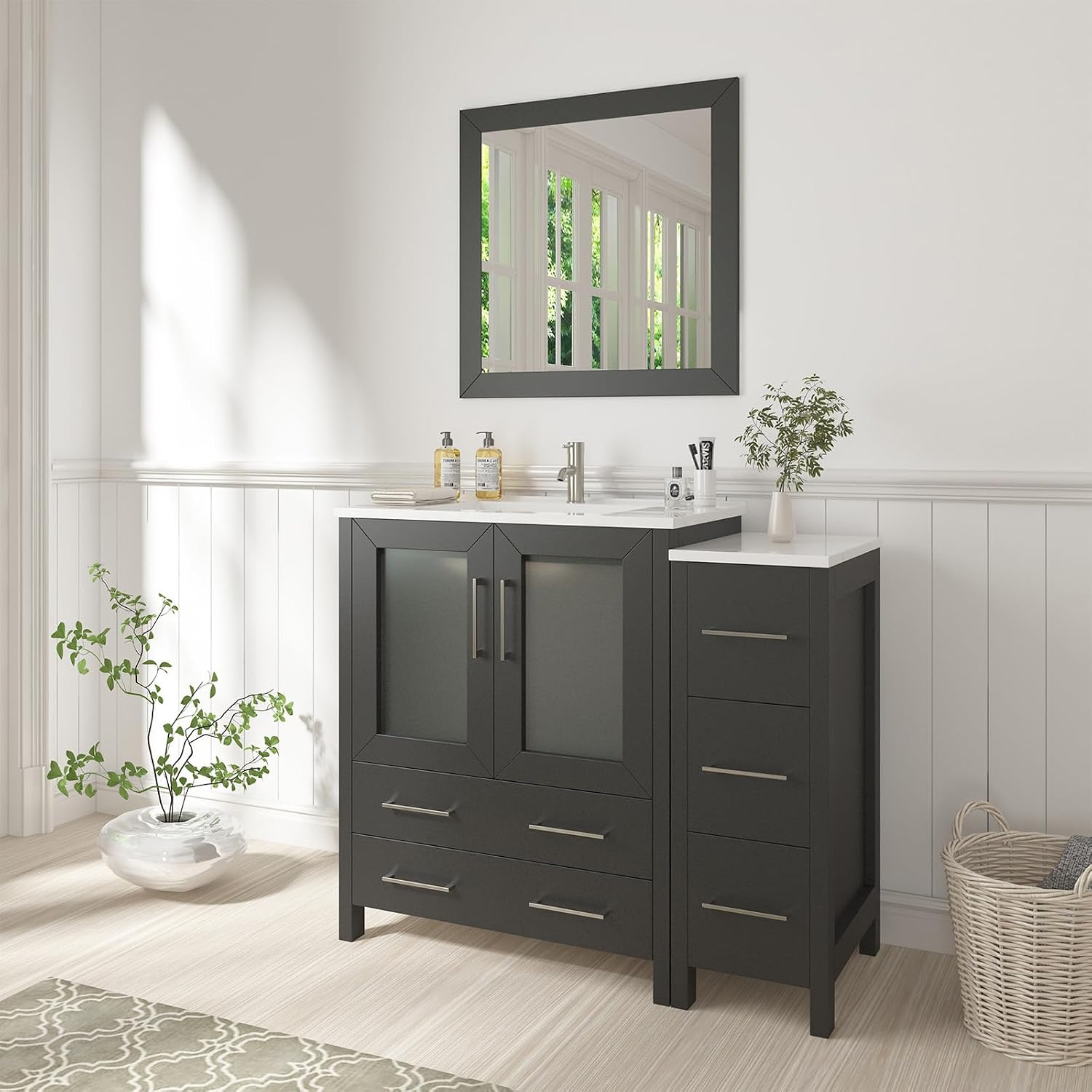 Vanity Art 42 Inch Under Mount Single Sink Bathroom Vanity Cabinet with 1 Mirror, Ceramic Top Bathroom Cabinet Compact Set with 5 Dovetail Storage Drawers and Brushed Nickel Handles, VA3030-42-E