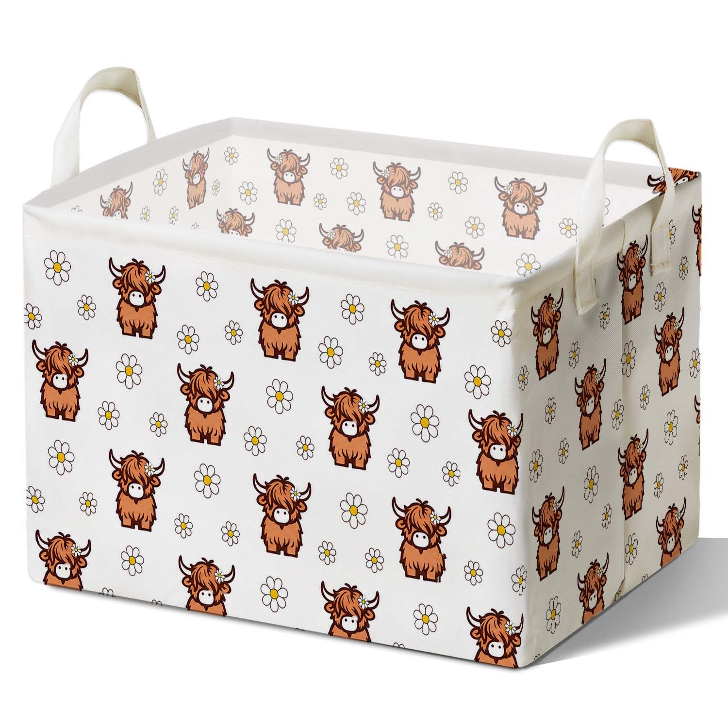 Cattle Canvas Storage Basket, White Farm Nursery Decor, Daisy Baby Nursery Storage Basket, Highland Cow Birthday Gifts for Girls Boys, Waterproof Foldable Basket with Handles for Bathroom Bedroom