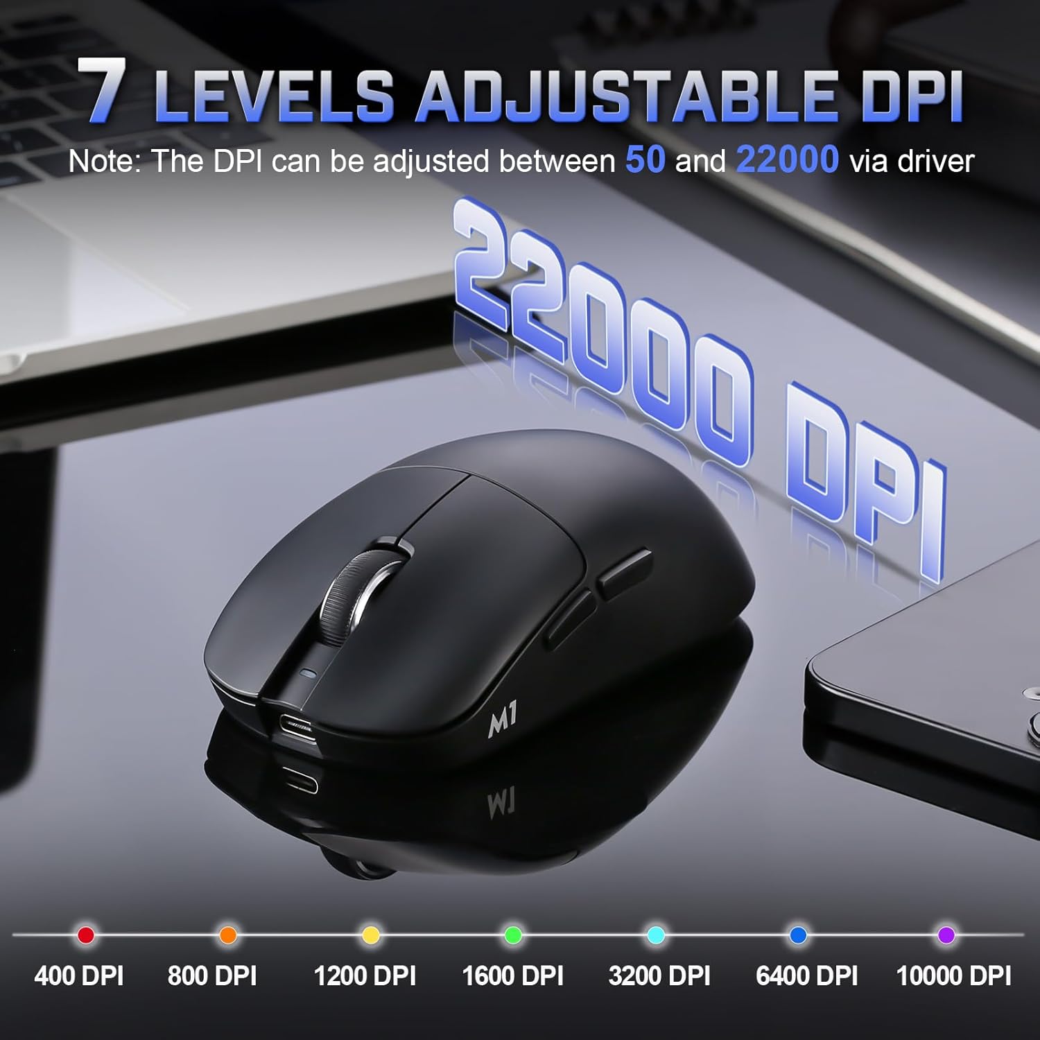 YUNZII M1 Wireless Gaming Mouse, Tri-Mode 2.4G/BT/Wired Gaming Mouse, PAW3311 Sensor 10000 DPI Rechargeable Wireless Mouse with 5 Programmable Buttons, Customizable via Software for Win & Mac (Black)