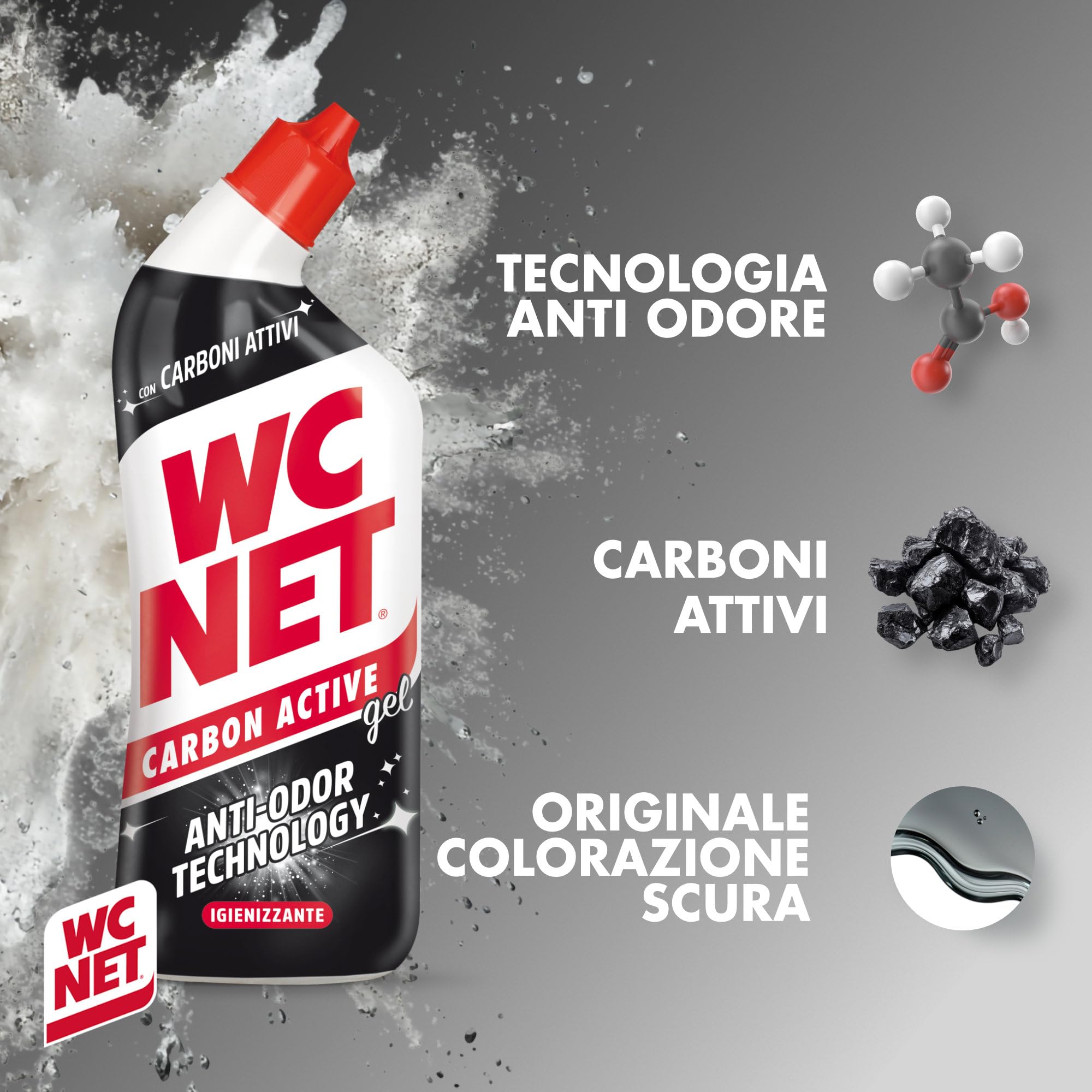 Wc Net – Carbon Active Anti-Odor, Detergente Liquido per WC con Carboni Attivi, Contrasta i Cattivi Odori del WC, 700ml x 4 Confezioni