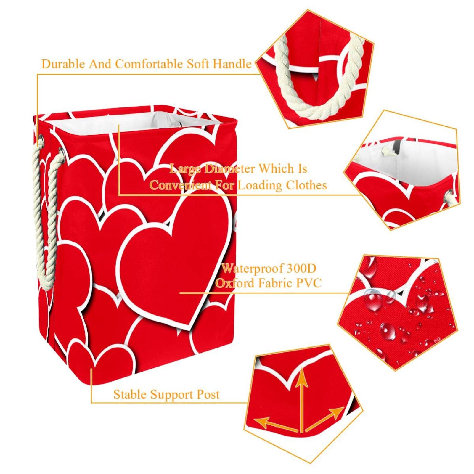 Cesta impermeable para la ropa sucia, cesta para la ropa sucia con asa, patrón de corazones rojos