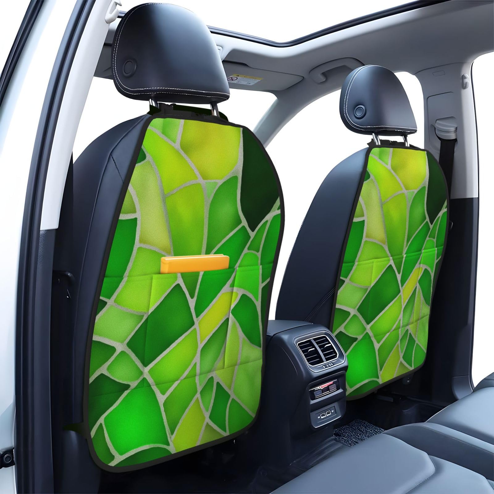 Green Stained Glass Car Seat Back Kick Protectors,2 Pack Kick Mats With Storage Pockets For Vehicles To Protect From Dirt Mud Scratches