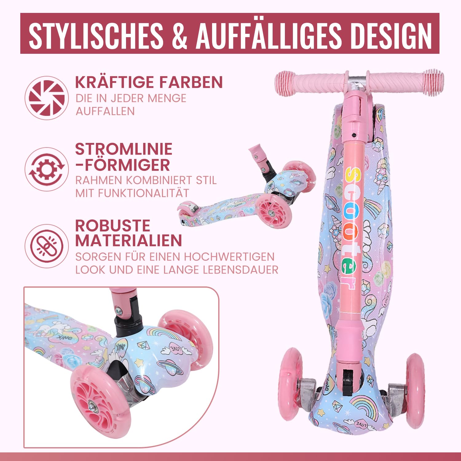 Habib Kinderroller, Tretroller ab 3 Jahre, Faltbar, Höhenverstellbar, LED Leuchträder, Bis 50kg, Für Jungen & Mädchen