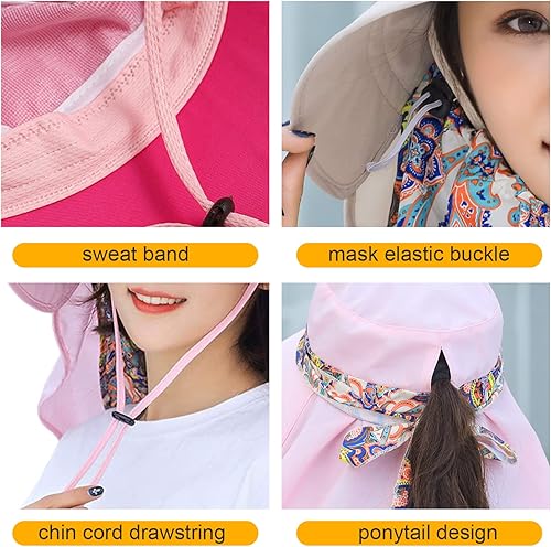 Vista 95 de Women Wide Brim Face Mask Sun Hat Detachable Neck Face Flap Ponytail UV Protection Visor Hat Garden Fishing Hiking