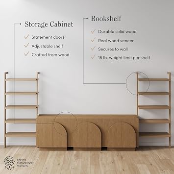 Nathan James Iris Sideboard and Bookcase Set, Mid-Century Modern Solid Wood Entertainment Center or Wall Storage Unit with Arched Doors, 3 Accent Cabinets and 2 Bookshelves Set, Light Brown