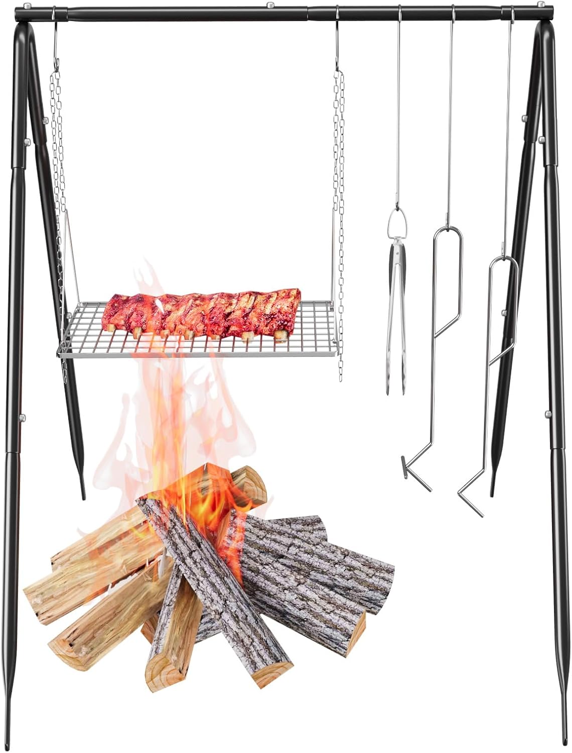 Grill Swing Campfire Cooking Stand with Stainless Steel Grill Grate for Cookware & Dutch Oven, Portable Cookware Hanging Rack, Outdoor Camping Bonfire with Adjustable Collapsible Legs with Hooks