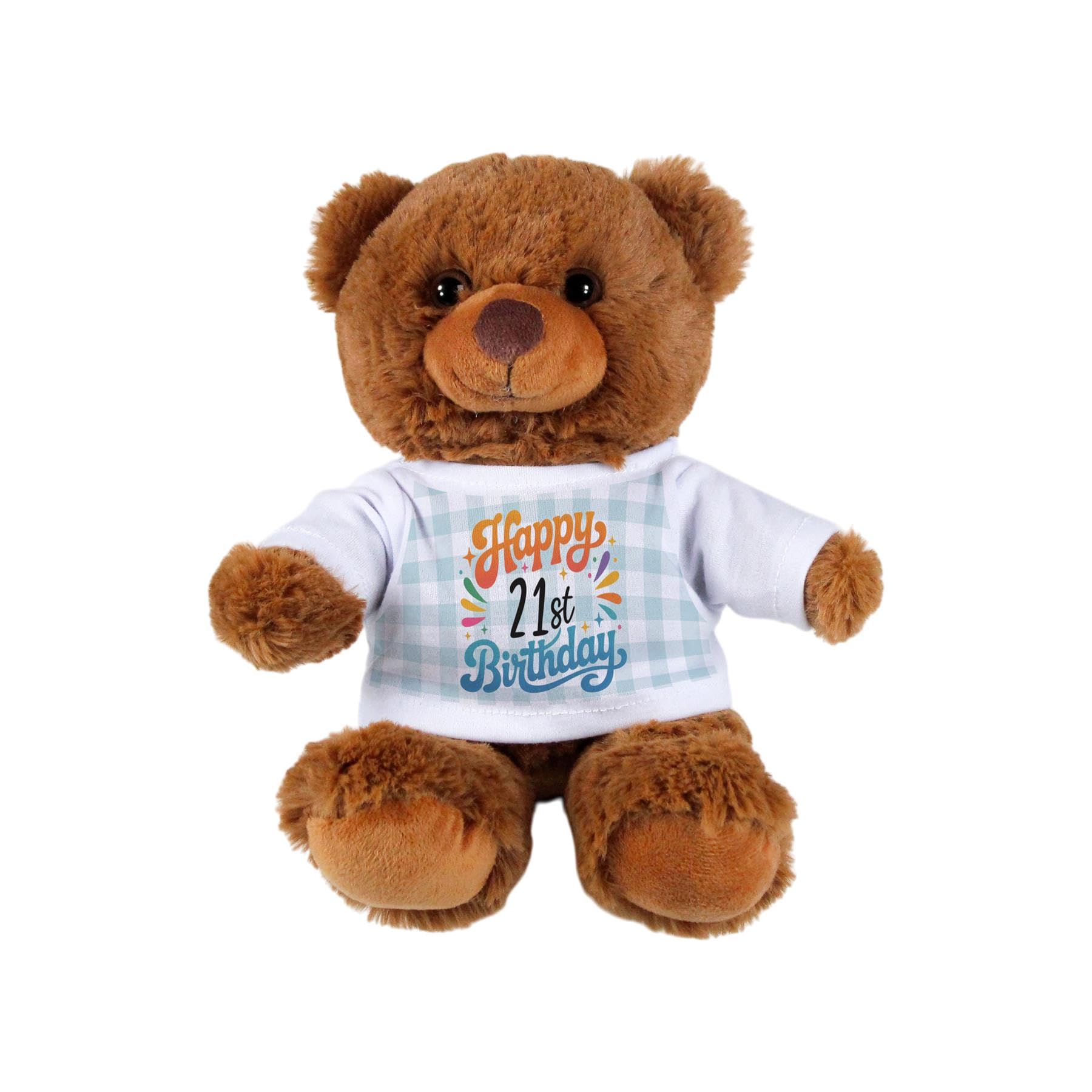 Purely Home 21st Birthday Age Teddy Bear - Dark Brown Birthday Stuffed Animal Gift with Blue Tartan T-Shirt