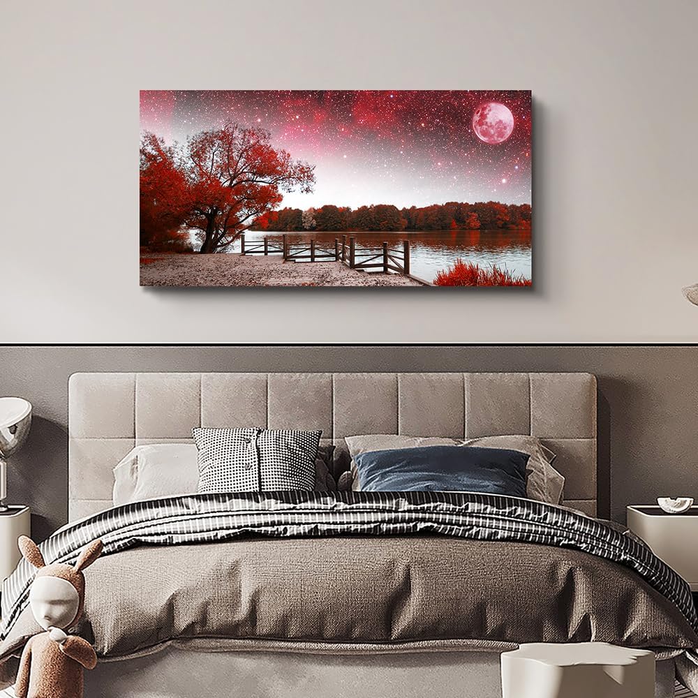 Wapluam Framed Canvas Wall Art For Living Room Wall Decor Artwork For Bedroom Office Decor Red Tree Landscape Wall Paintings Starry Sky Moon Wall Pictures Aesthetic Room Home Decoration 20" X 40"