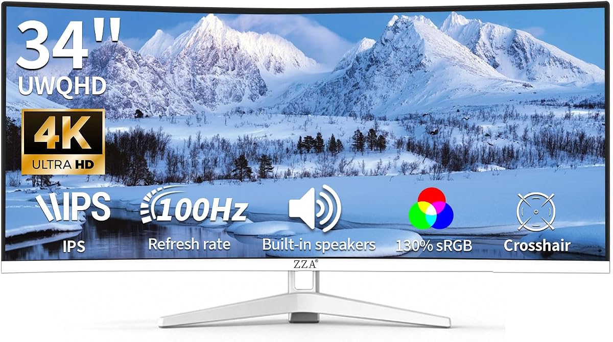 Monitor curvo ultraancho de 34 pulgadas Altavoces integrados Monitor de computadora para juegos 4K 100 Hz, WQHD (3440x1440P) Pantalla de PC ultraancha curvada 3800R 21:9, 130 % sRGB, HDMI y DP, compatible con montaje VESA, color blanco