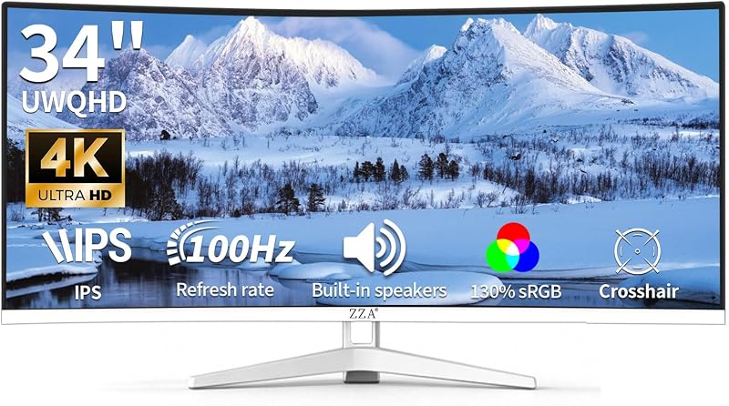 34 Inch Ultrawide Curved Monitor Built in Speakers 4K Gaming Computer Monitor 100Hz, WQHD(3440x1440P) Curved 3800R 21:9 Ultra Wide PC Display, 130% sRGB, HDMI &DP, VESA Mount Compatible-White