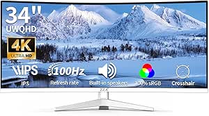 ZZA 34 Inch Ultrawide Curved Monitor with Built-in Speakers, 4K Gaming, 100Hz, WQHD (3440x1440), 21:9, VESA Mount Compatible