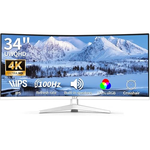 ZZA 34 Inch Ultrawide Curved Monitor Built in Speakers 4K Gaming Computer Monitor 100Hz, WQHD(3440x1440P) Curved 3800R 21:9 Ultra Wide PC Display, 130% sRGB, HDMI &DP, VESA Mount Compatible-White