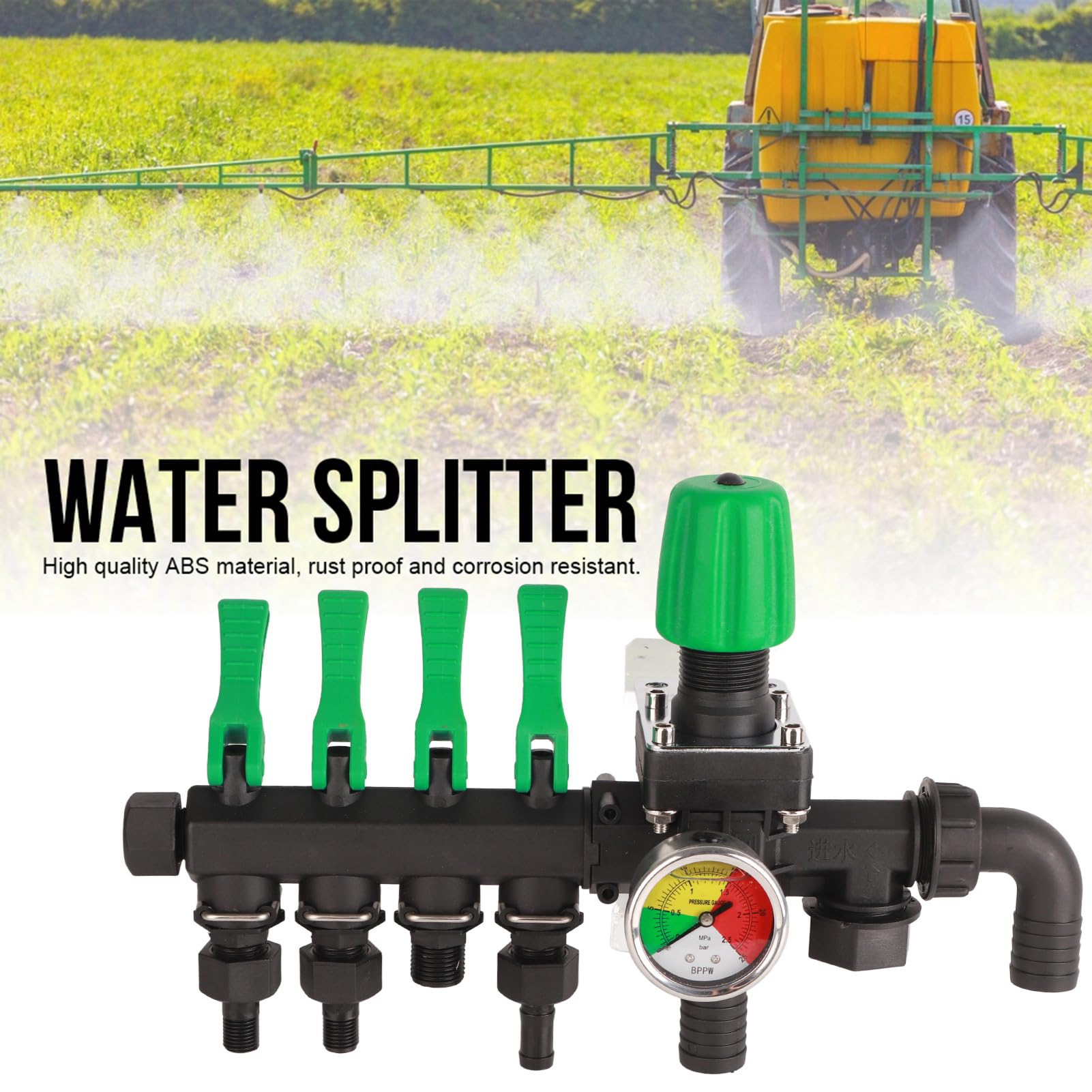 Eujgoov Divisor de Agua, Válvula de Control de Rociador Agrícola ABS, Válvula de Control de Agua de 4 Vías con Válvulas de Encendido y Apagado Manómetro para Cría de Animales, Acuicultura