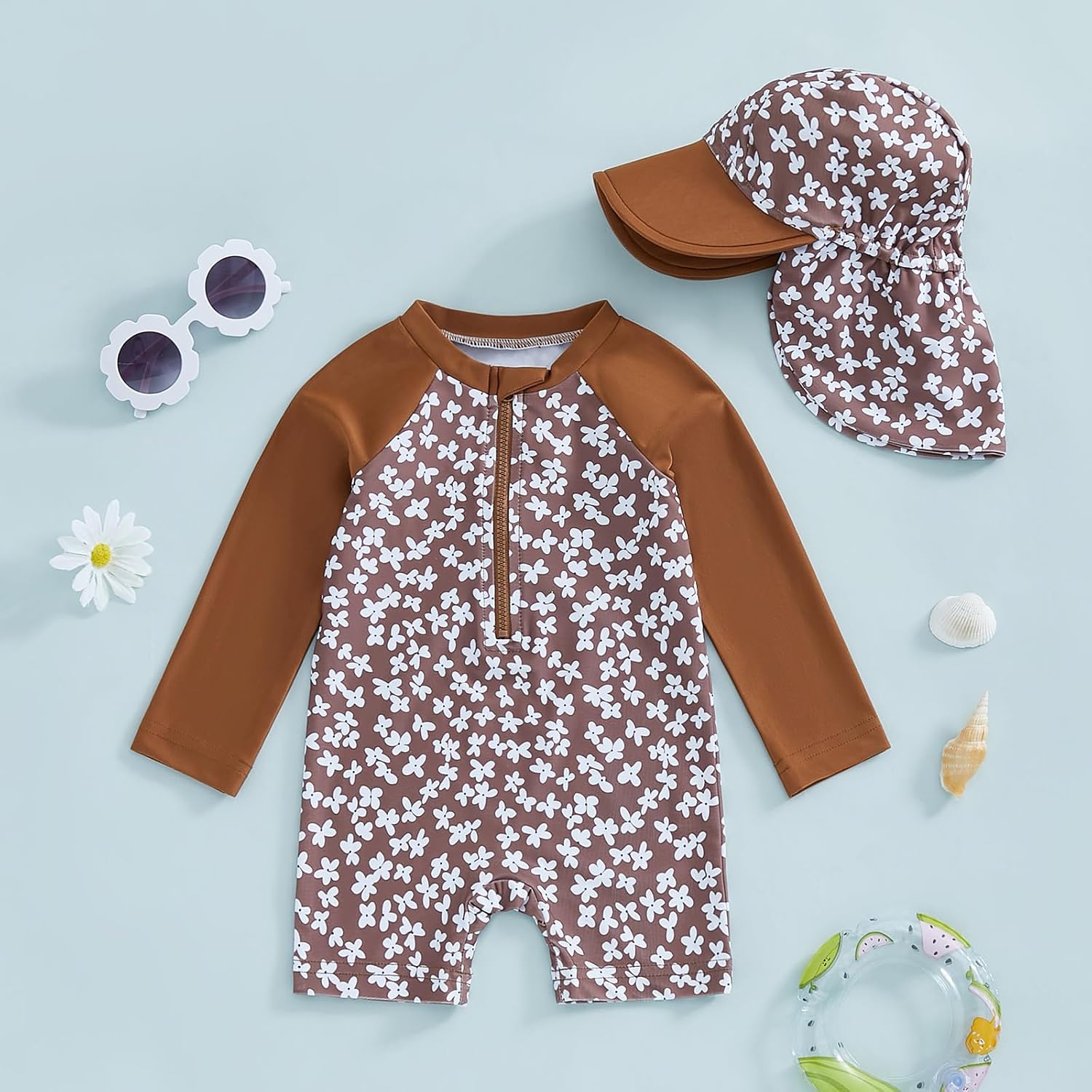 Infant Baby Boy Girl Swimsuit One Piece Long Sleeve Zipper Bathing Suit Toddler Rash Guard Kids Swimwear with Hat