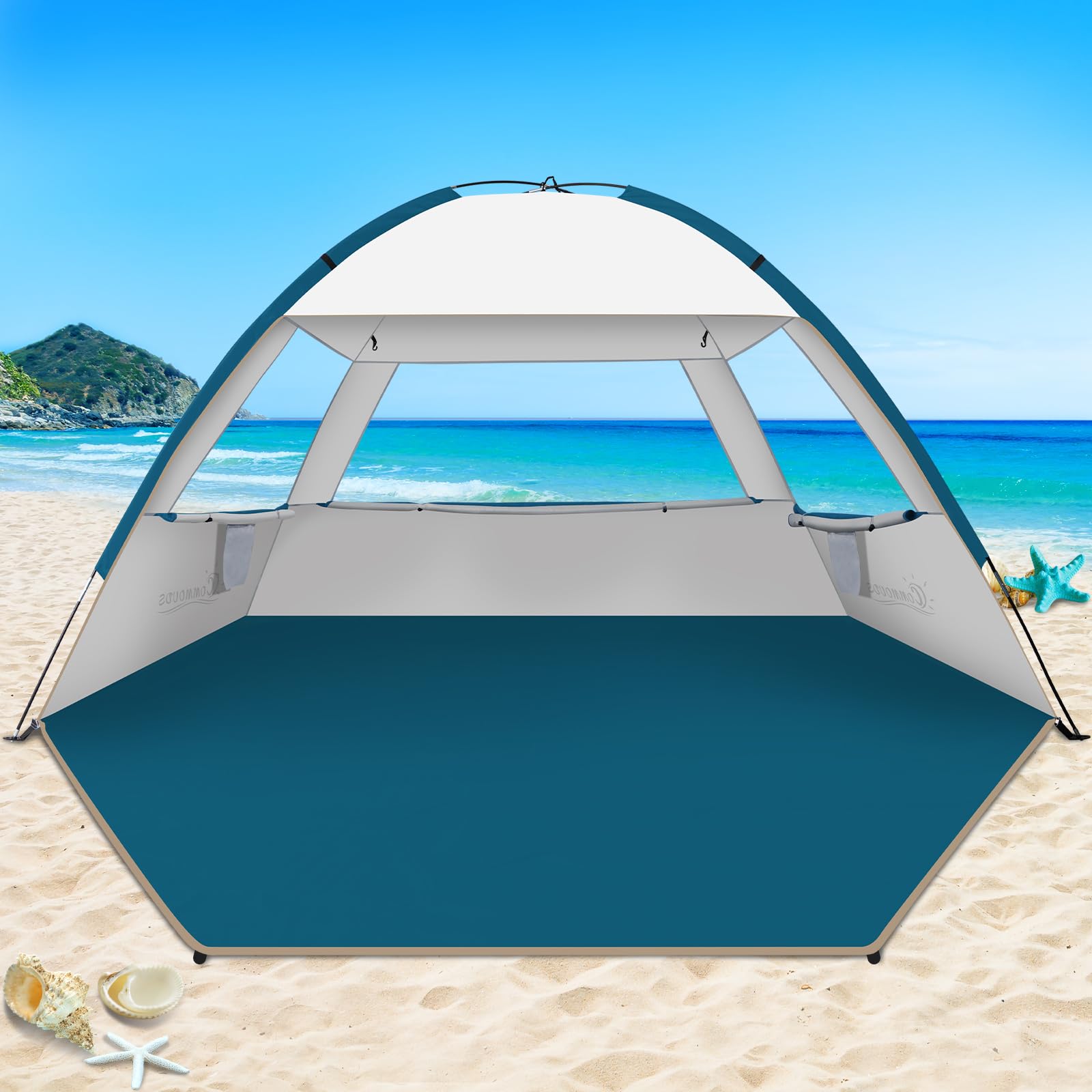 Commods Tenda Da Mare Portatile Upf 50+ Per 4-5 Persone, Leggera E Facile Da Montare, Parasole Spiaggia Per Campeggio E Pesca-image