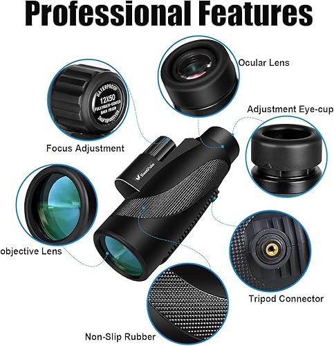 Miniatura 5 de Telescopio monocular monocular monocular de alta potencia de 12 x 50 para adultos con adaptador de teléfono inteligente, lente FMC y prisma BAK4,
