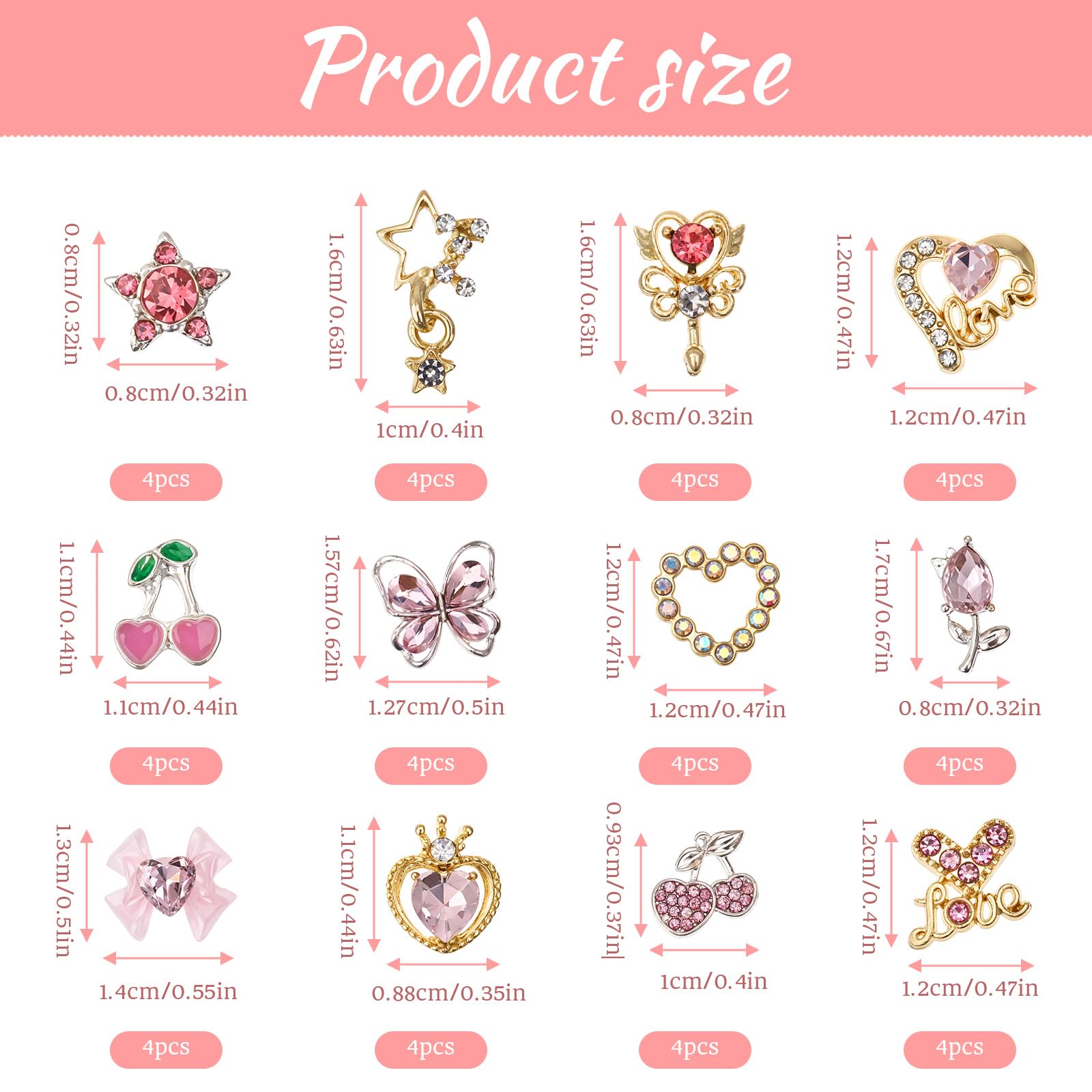 48pcs Silver Nail Charms,3D Nail Charms Heart Star Bow with Rhinestones,Alloy Craft Bead Shiny Jewelry Nail Decorations for Women DIY Crafts Supplies