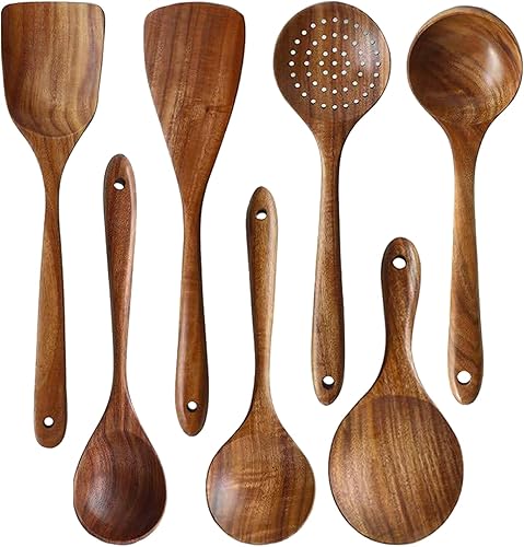 Messon - Juego de utensilios de madera para cocina, cucharas de cocina de teca natural hechas a mano, espátula de madera para utensilios de cocina
