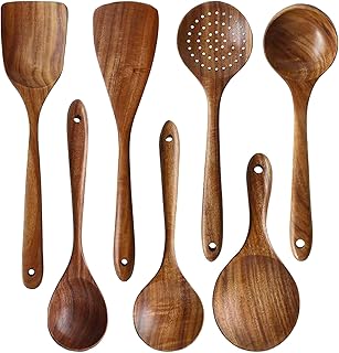 Wooden Utensils Set for Kitchen, Messon Handmade Natural Teak Cooking Spoons Wooden Spatula for Nonstick Cookware, 7 Set