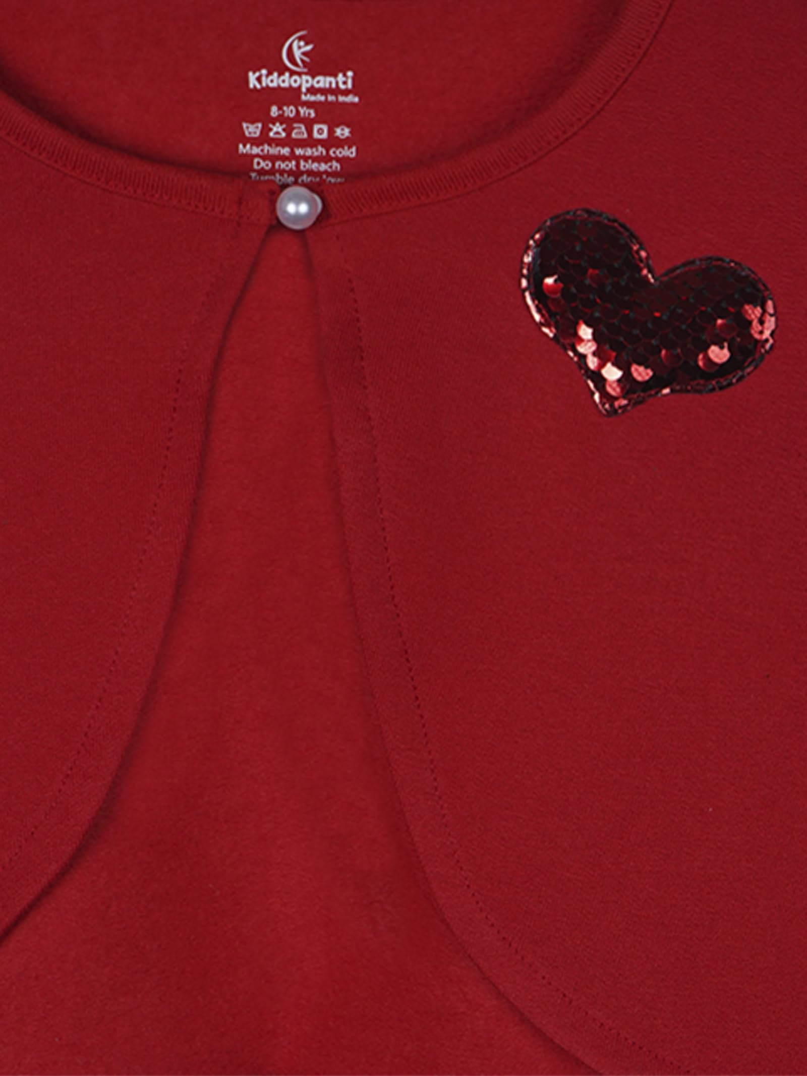 KiddoPanti Girls Crop Length Shrug | Cotton Poly Fleece Fabric |Sequin Patch on Chest | Front Open Pearl Button Closure | Crop Length, Full Sleeve | Girls Shrug,Red Heart - 8-10Y - Image 4 thumbnail