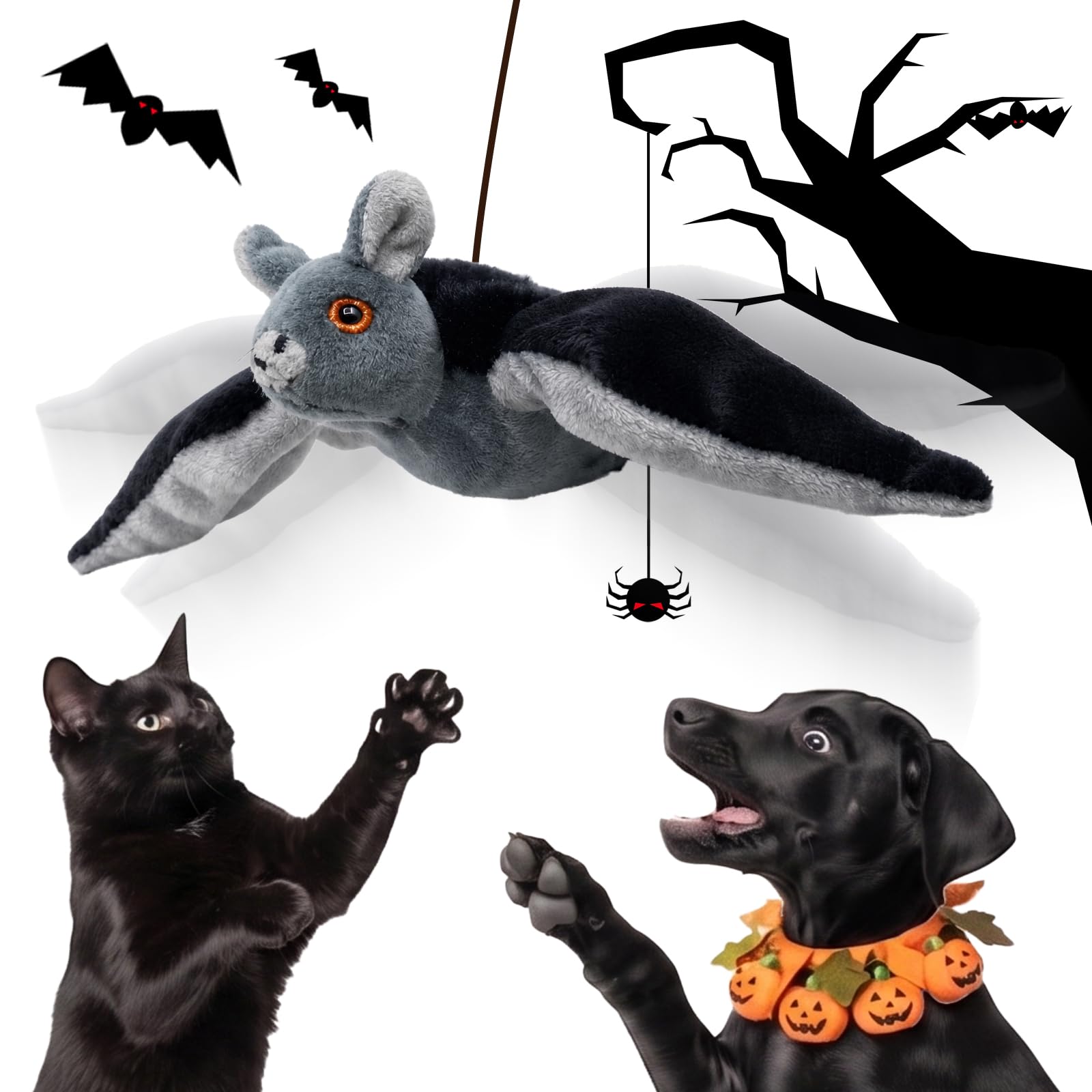 DOLLGIFT Halloween Flaping Bat Cat Toy, Interactive Cat Toys for Indoor Cats Adult Kitten, Rechargeable Simulation Flying Bat Teasing Toy Hanging and Ground Play, Touch Activated