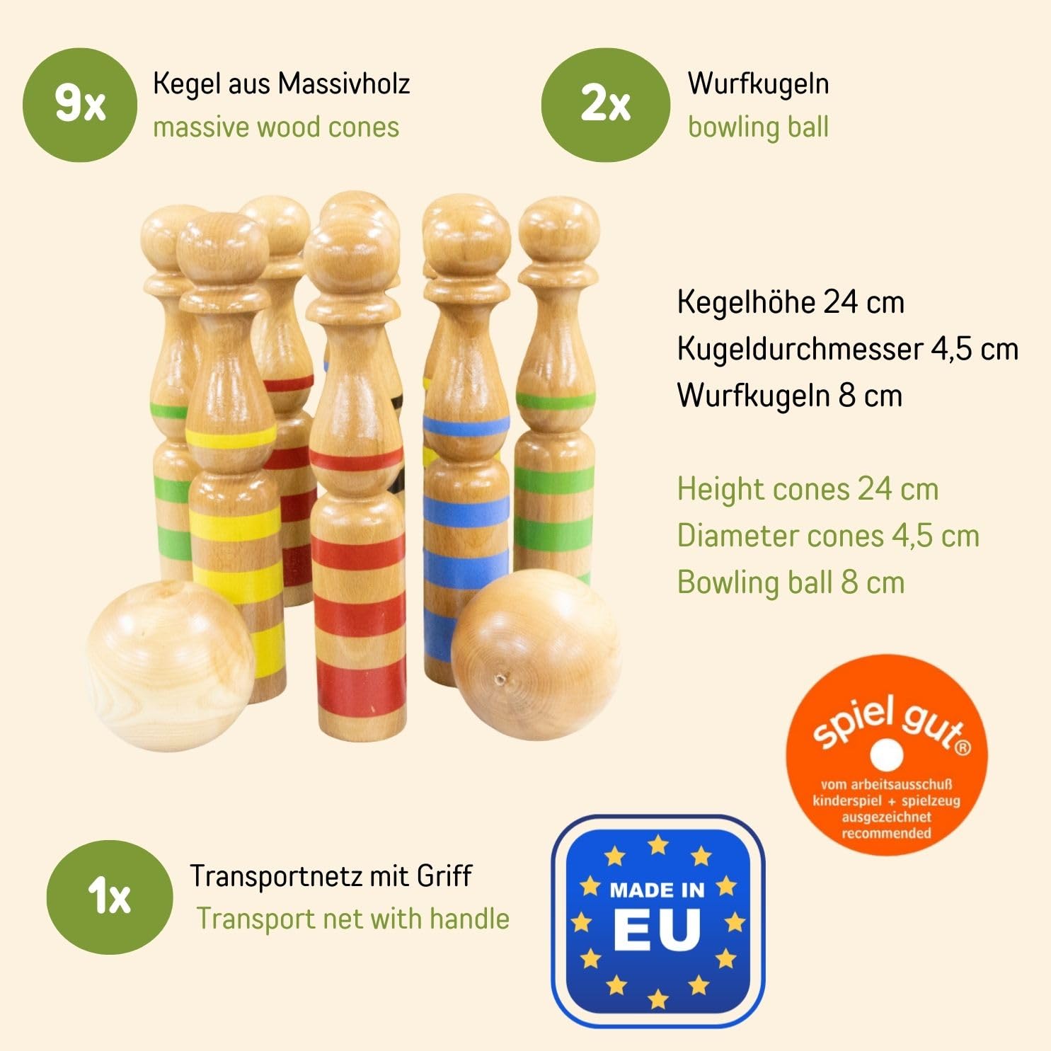 GICO Kegelspiel Kegel Set Bowling aus Holz groß für Kinder und Erwachsene - Massivholz 24 cm, gestreift - 3025