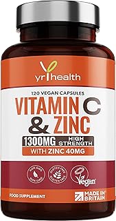 Vitamin C 1300mg and Zinc 40mg High Strength - VIT C and Zinc for Maintenance of Normal Immune System - 120 Vegan Capsules not Tablets - 2 per Daily Serving - Made in The UK by YrHealth
