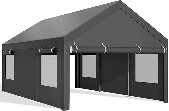 JAMFLY 12x20 ft Heavy Duty Carport with Roll-up Windows, Grey