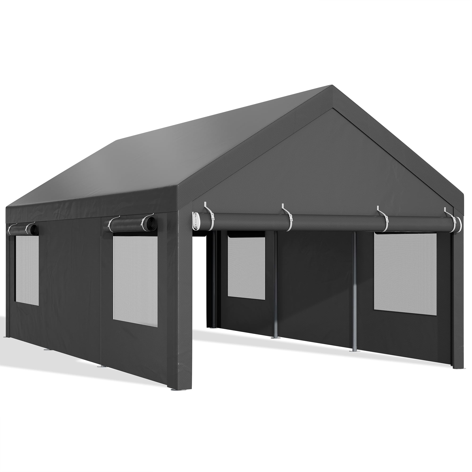 JAMFLY Carport, 12x20 Heavy Duty Carport Canopy with Roll-up Windows, Portable Garage with Removable Sidewalls & Doors, Car Canopy with All-Season Tarp for Car, Truck, Boat