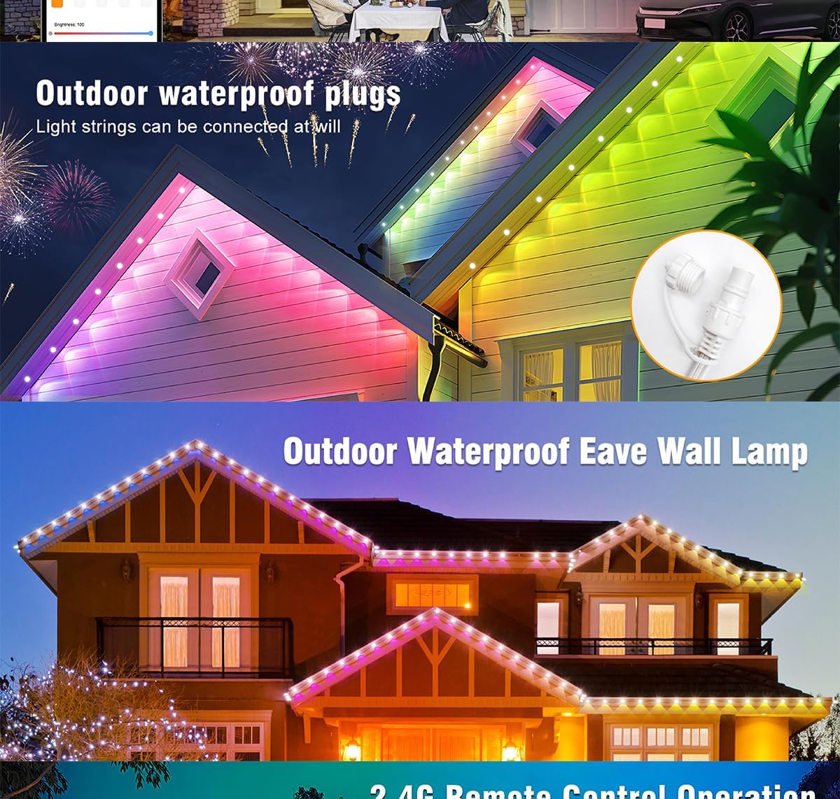 Bluetooth Permanent Outdoor RGB Intelligent Colorful Eaves led Lights,App and Remote Control,DIY Scene Modes,Waterproof,for Christmas,House Decorations,100ft. (US)