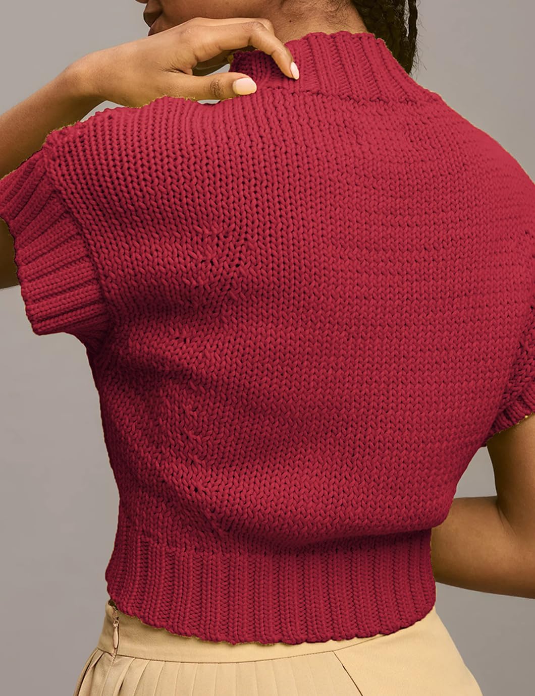 Women's Mock Neck Cap Sleeve Sweater Vest Casual Solid Cropped Tank Tops Pullover Sweaters - Image 5