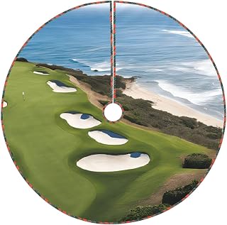 (Beach Golf Course) Plaid Border Christmas Tree Skirt with Tie or Hook-and-Loop Fastener Closure in 30/36/48 Inch for Xmas Tree Mat Holiday Party Decor