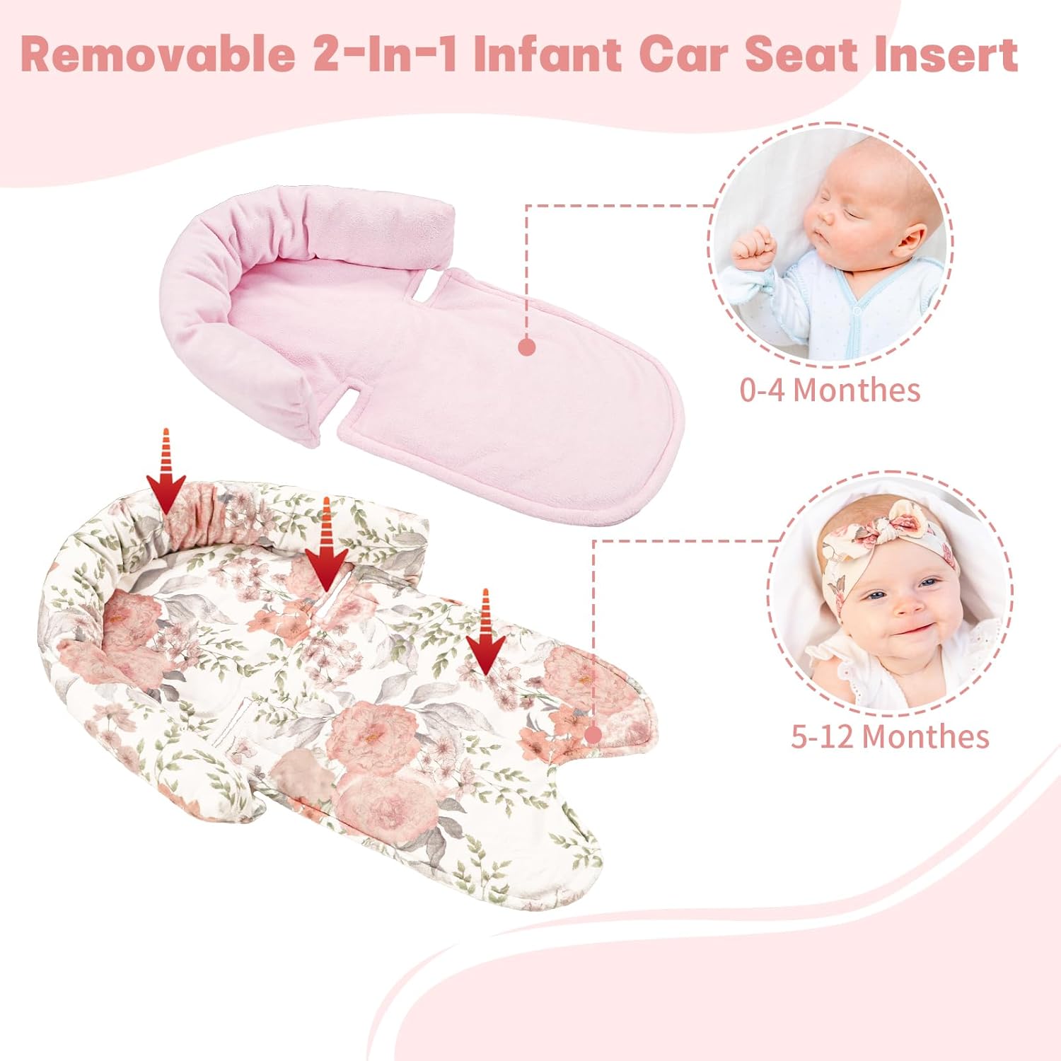 Infant Car Seat Insert, Baby Car Seat Head & Body Support with Strap Pads, Soft Newborn Preemie Carseat Insert Cushion for Girls Boys, Fits Car Seat, Stroller, Swing, Bouncer, Pink Floral