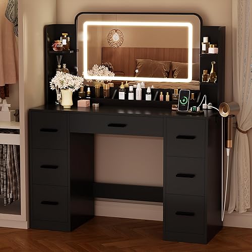 YESHOMY 43.3''Vanity Desk with LED Mirror & Power Outlet, 7 Drawer Makeup Vanity with Side Shelves, Lighted Dressing Table for Bedroom(Black - Pure Black - LED Large Mirror without Stool