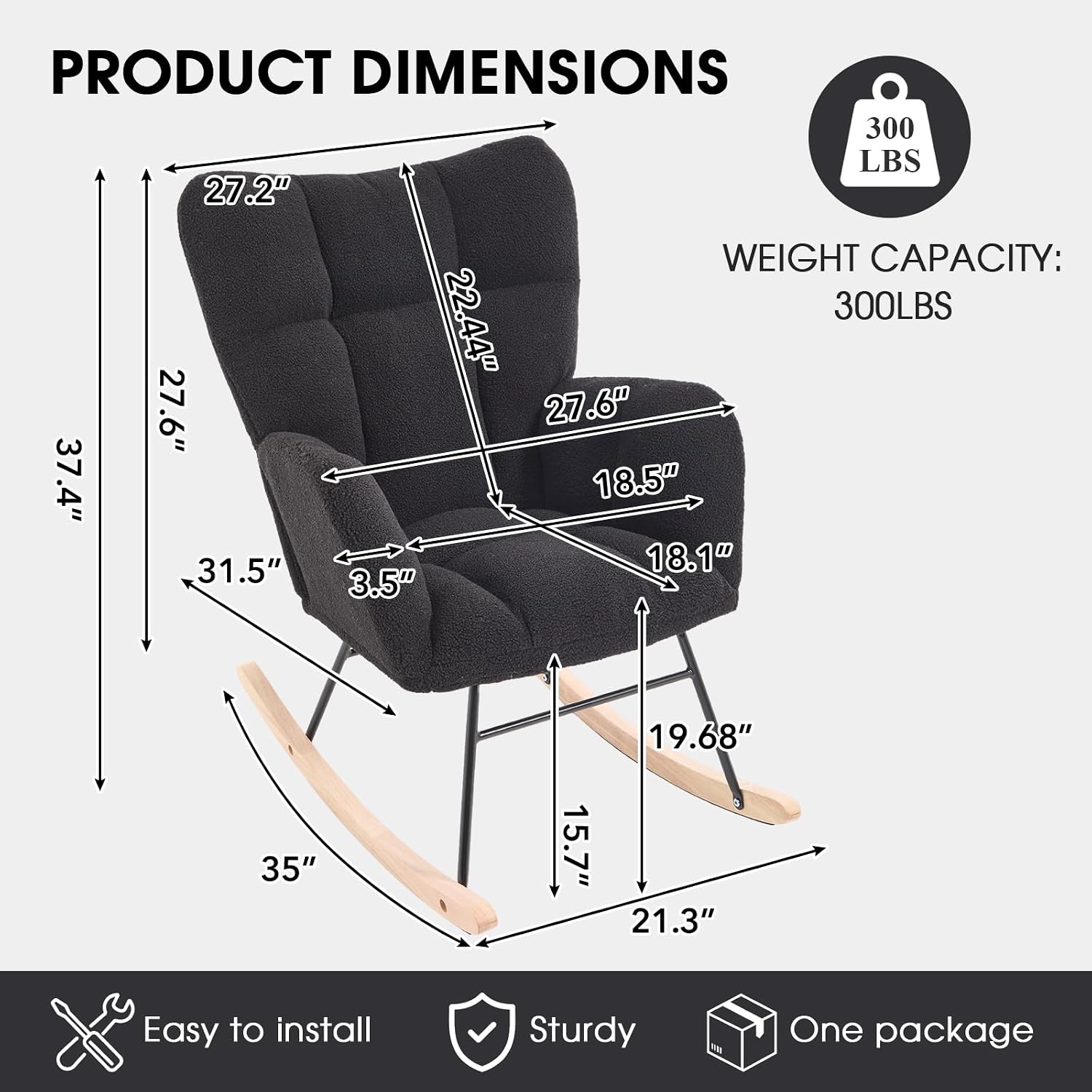 Nursery Rocking Chair, Teddy Upholstered Glider Rocker Padded Seat with Armrest, Tufted Glider Chair with Thick Cushion, Rocking Accent Chair, High Backrest Armchair for Bedroom (Black)