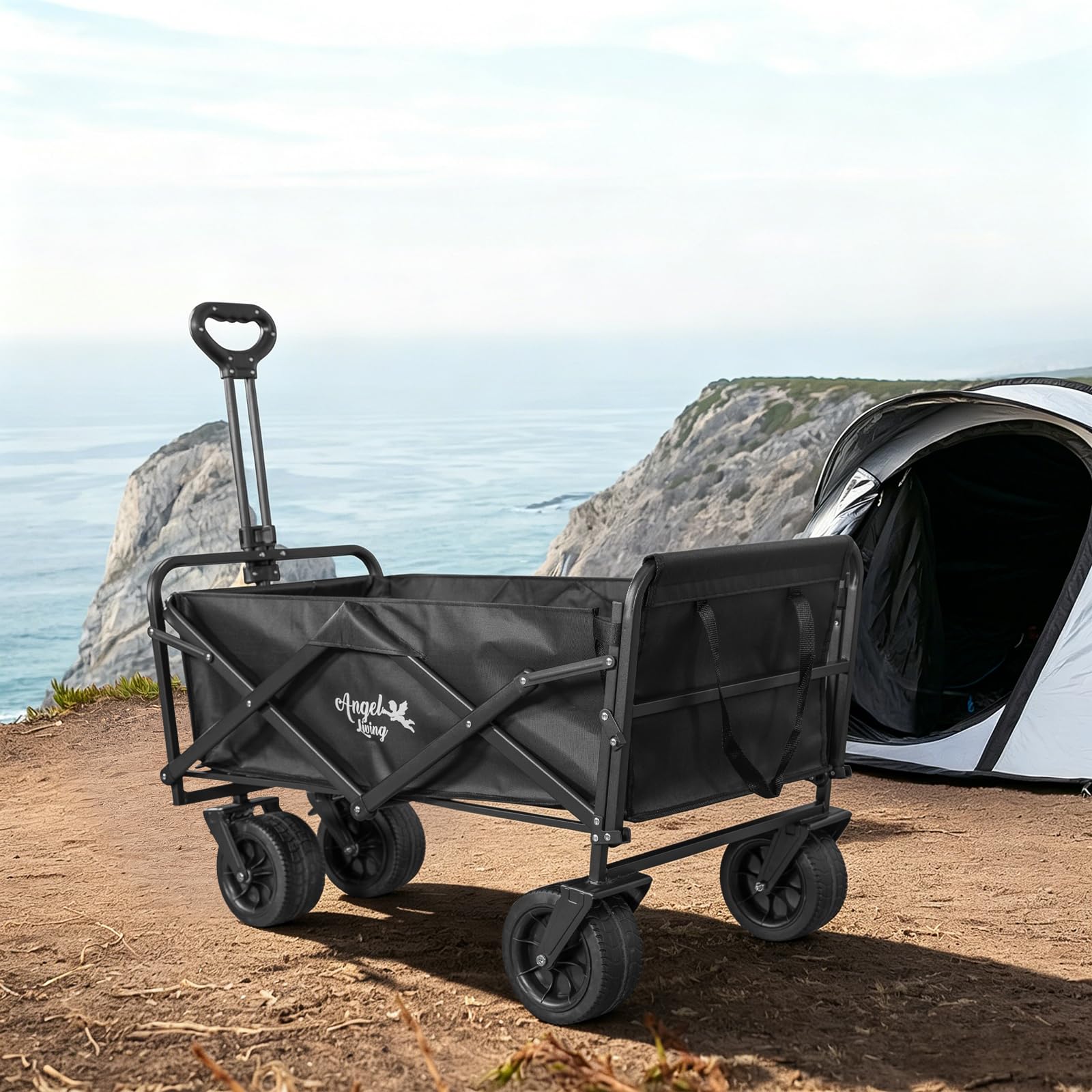 Angel Living 350L Carro Plegable de Mano con Frenos, Carrito de Playa con Ruedas Grandes de 7 Pulgadas, Carro de Camping de Todoterreno con Puerta Trasera Ajustable, para Camping, Deporte, etc