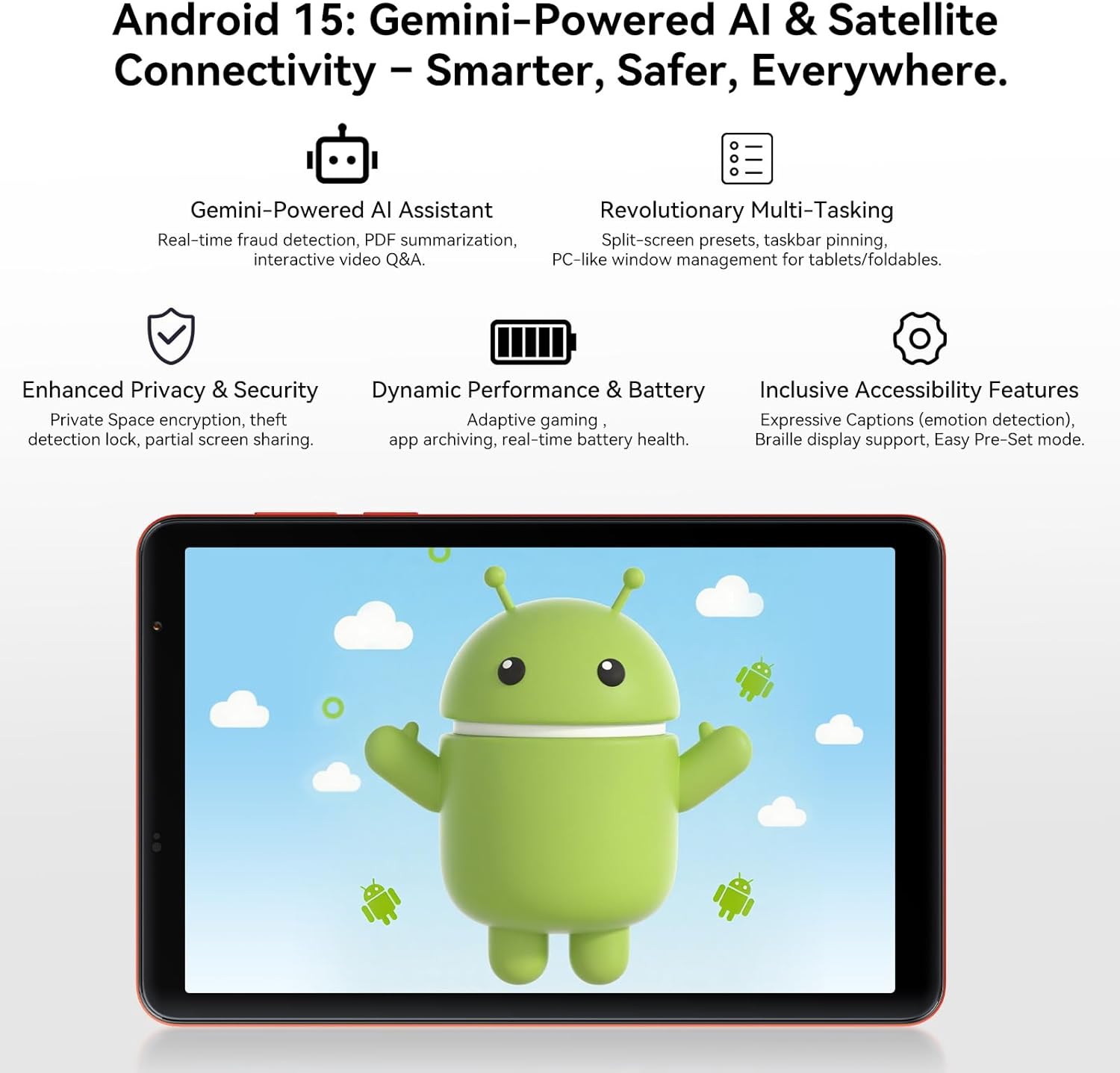 تورview ZENO 1 tablet displaying the Android 15 interface with Gemini AI features, multitasking options, enhanced privacy, dynamic performance, and accessibility features.