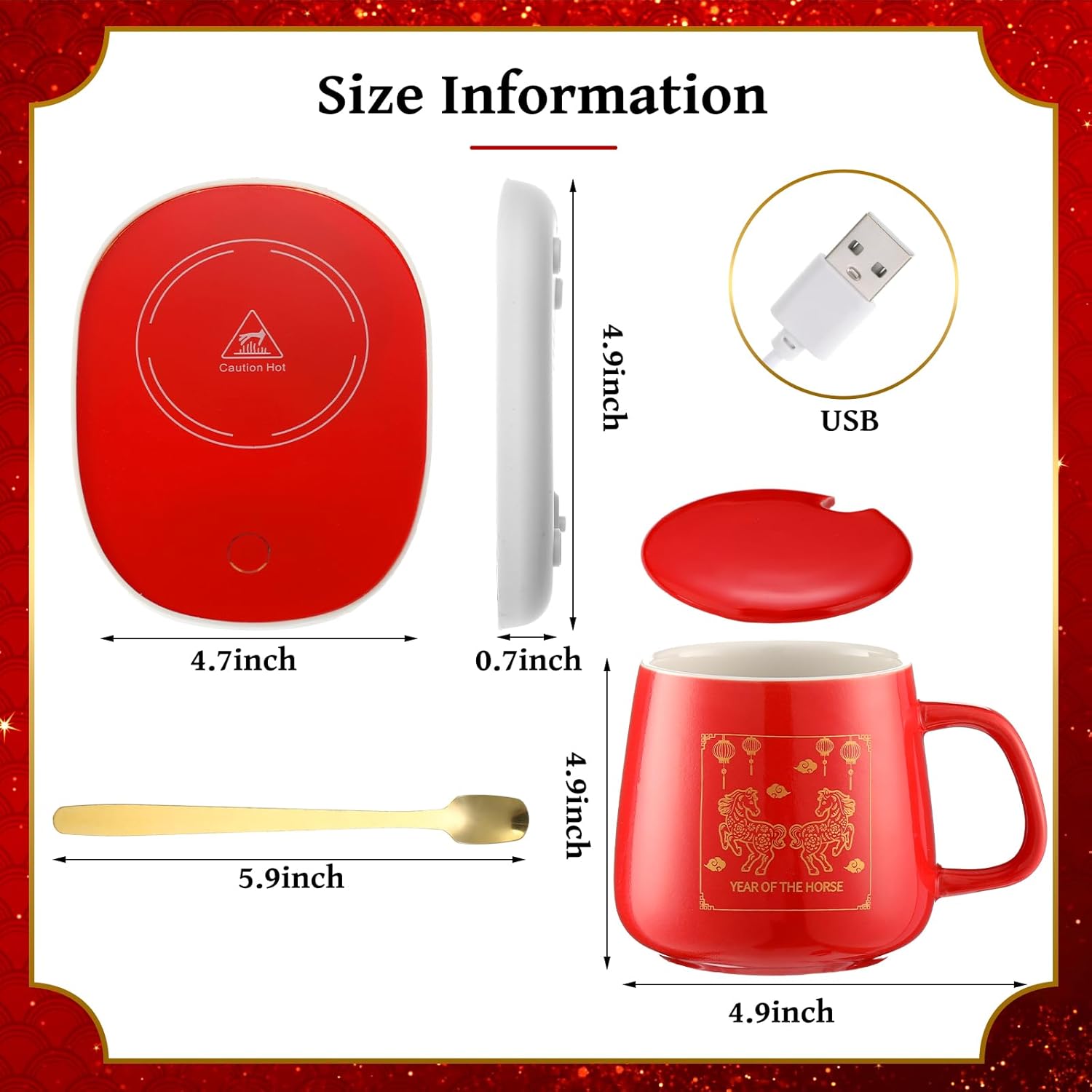 Newtay Chinese New Year Gift Mug Warmer Set 2026 Year of The Horse Chinese Red Electric Ceramic Coffee Cup for Desk Office Home Beverage Warmer with 2 Temperature Setting 8 Hours Auto Shut Off