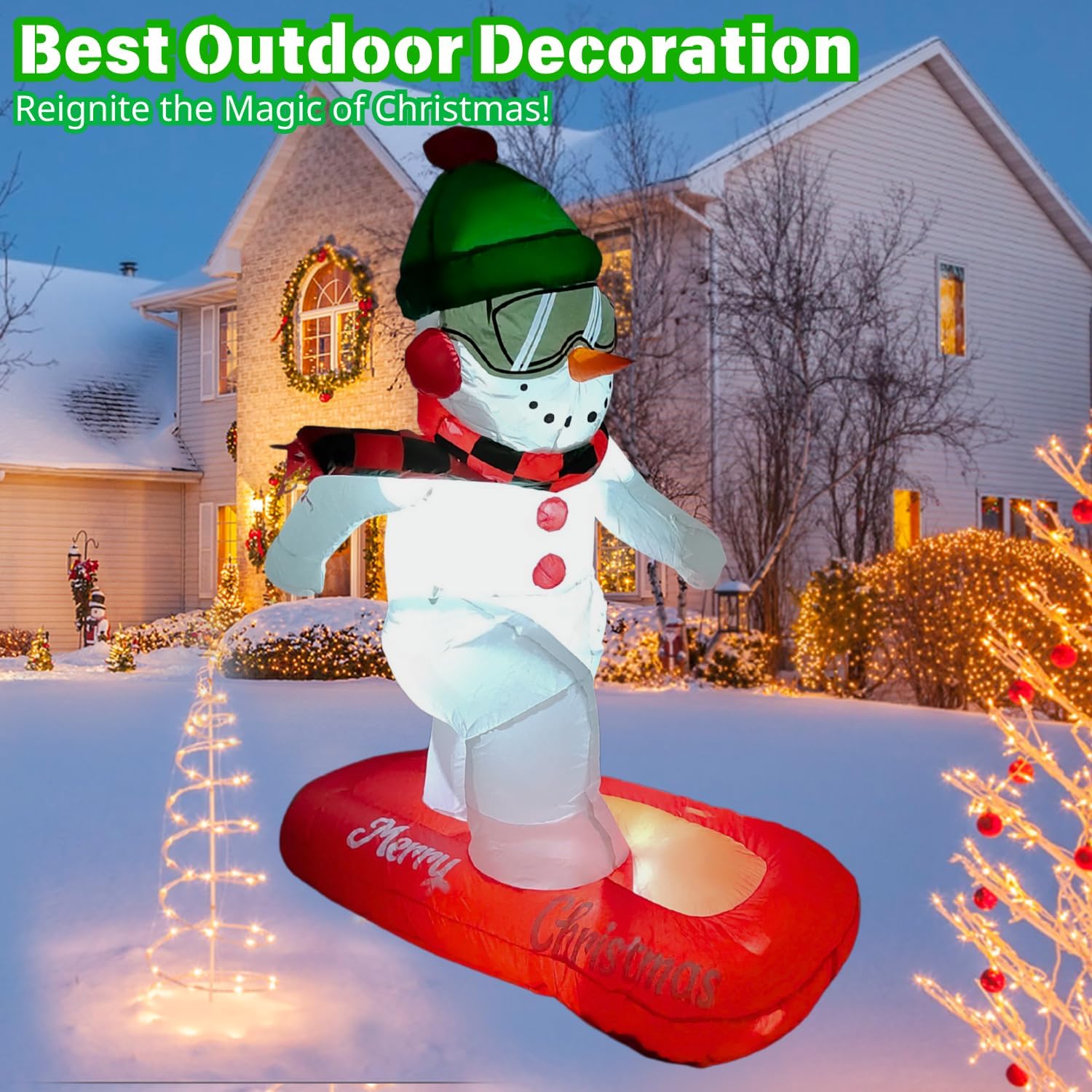 PTS 4FT Inflatable Skiing Snowman Outdoor Decoration, Christmas Blow Up Yard Decorations, Built-in LED Lights Inflatables Xmas Holiday Funny Decor for Indoor Lawn Garden - Image 2